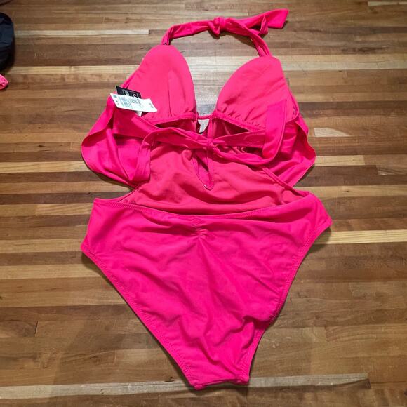 Bar III Solid Cowlneck One-Piece Swimsuit ruby pink, L - Picture 6 of 8